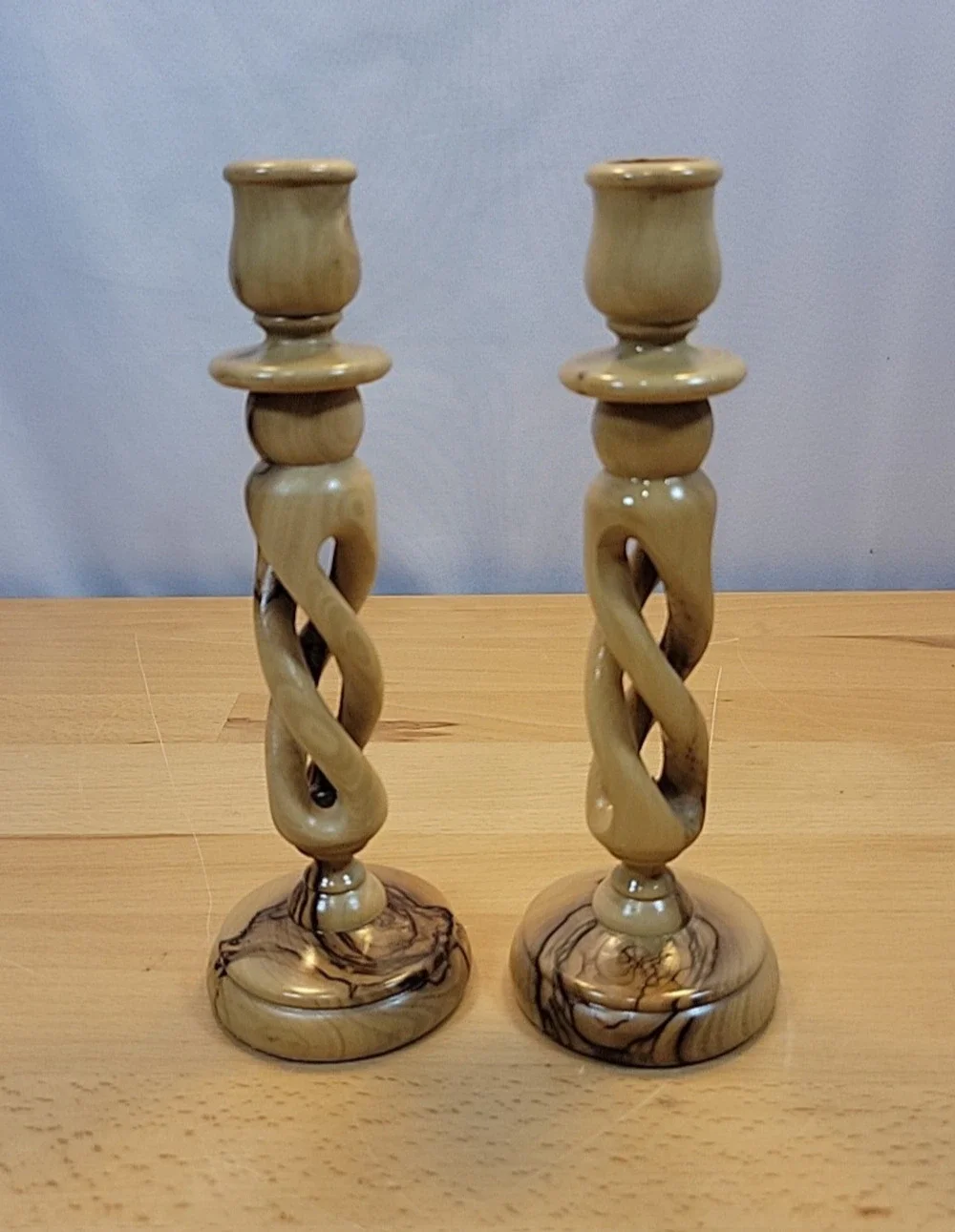 Vintage Twisted Turned wooden candlestick holders Pair carved spiral twist 7.5”
